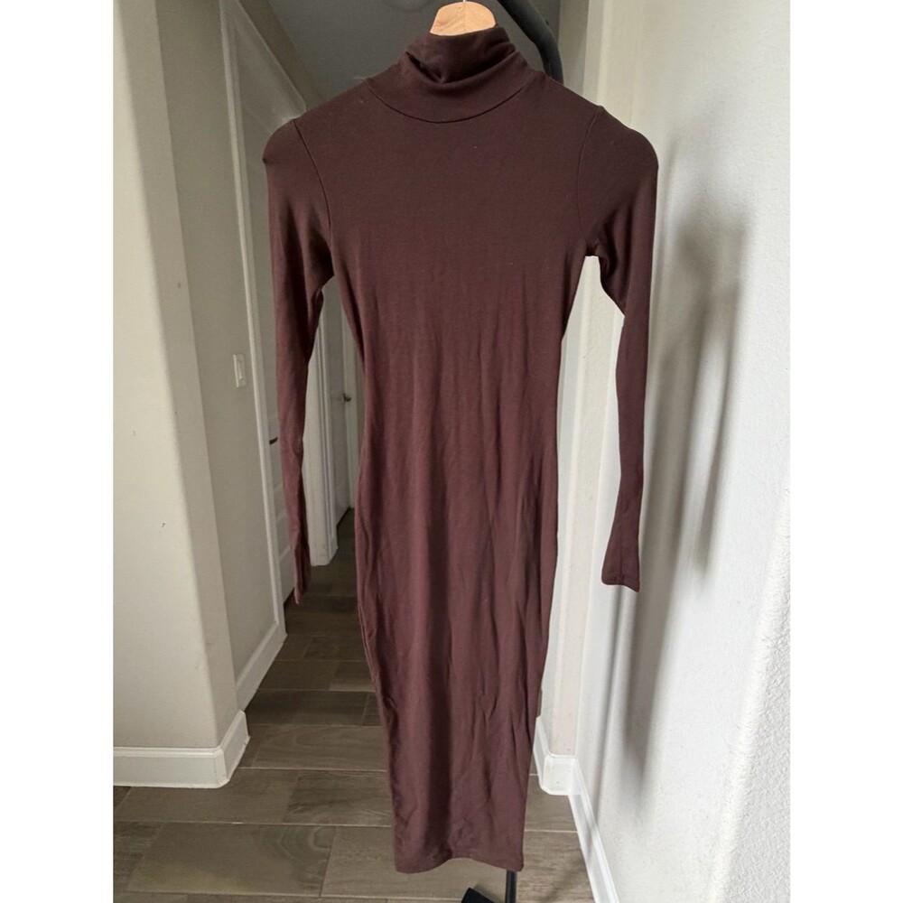naked wardrobe Chocolate Brown Turtleneck Long Sleeve Midi Dress XS NWOT